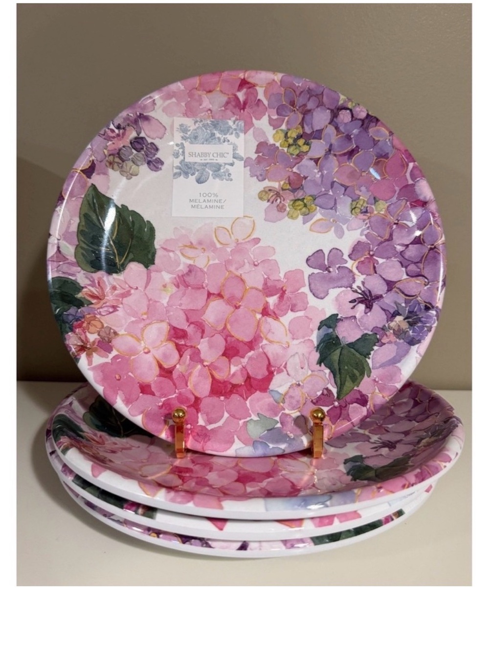 Shabby Chic Pink & Purple Hydrangea Melamine Salad Plates Set of 4. Beautiful!!